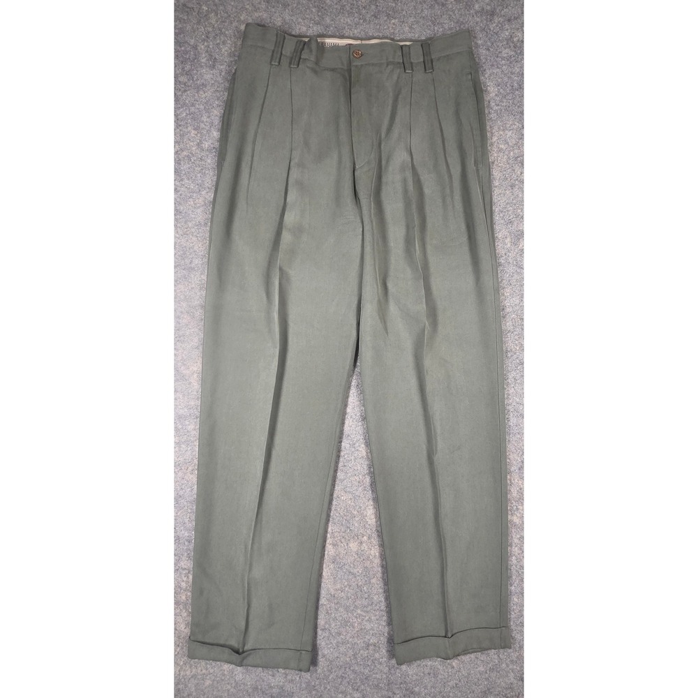 Tommy Bahama Relax Mens 34x31 100% Silk Pleated Herringbone Trousers Olive Green